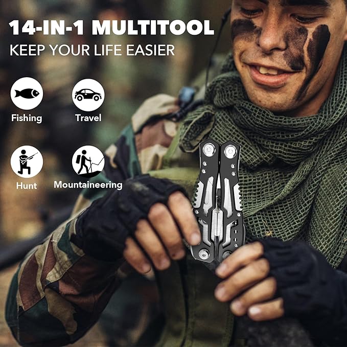 14-In-1 Multitool with Safety Locking, Professional Stainless Steel Multitool Pliers Pocket Knife, Bottle Opener, Screwdriver with Nylon Sheath ,Apply to Survival,Camping, Hunting and Hiking 2 Pcs