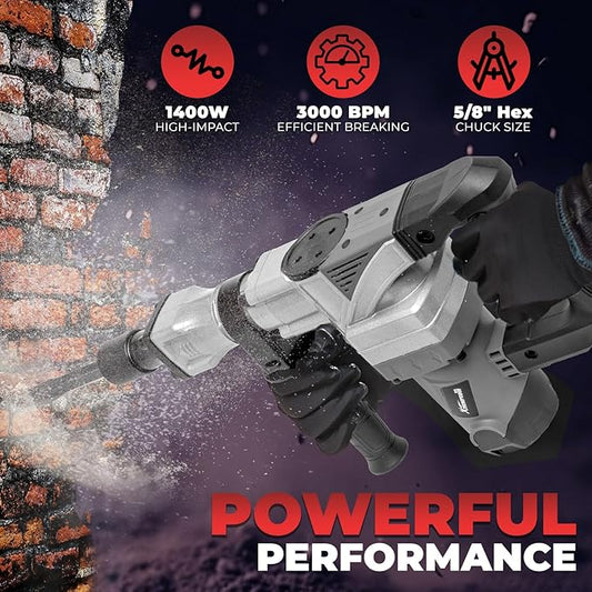 XtremepowerUS 1400W Demolition Jack Hammer With Point & Chisel Bits & Case Electric Demolition Construction Concrete Breaker Punch Drill (Grey/Black)