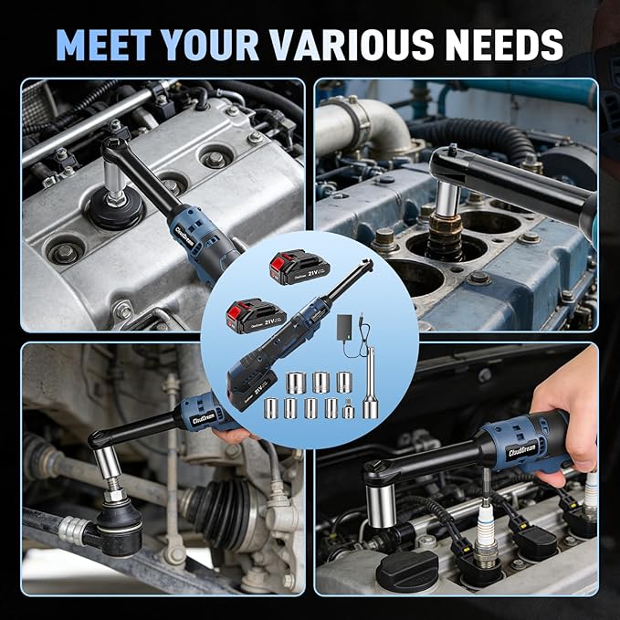 Cordless Ratchet Wrench, 4-inch Extended Ratchet Wrench with 2x 2.0Ah Battery,45FT-LBS (60N.m)Variable Speed Power Ratchet Driver Set with 6 Sockets,1/4 Adaptor, 3"Extension Bar (Blue-4in)