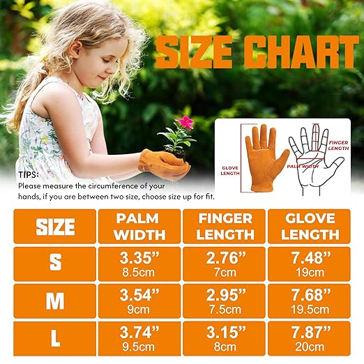 HANDLANDY Kids Genuine Leather Work Gloves for ages 3-11, Children Gardening Gloves for Boys, Girls (Large (for age 8-11), Orange)