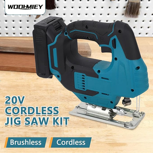 20V Brshless Cordless Jig Saw,Cordless Jig Saw Kit Varible Speed with LED Light, 55mm Cutting Thickness, Brushless Motor, Blue Color, Battery Charger for Metal Cutting