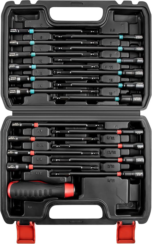 LLNDEI 21-Piece Magnetic Nut Driver Set - SAE (1/4" to 9/16") & Metric (5mm to 15mm) Nut Driver Set with Non-Slip Grip Handle - Upgrade Cr-V Magnetic Socket set for Secure Fastening in Tight Spaces