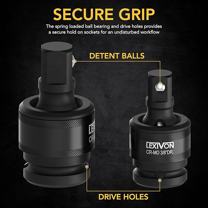 LEXIVON Premium Impact Universal Joint Socket Swivel Set | 3-Piece Ball Spring Design 1/2", 3/8", and 1/4" U-Joint Drive | Cr-Mo Steel - Full Impact Grade (LX-113)