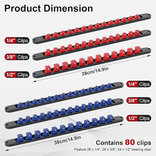FIVEPEARS 6PCS 360째 Socket Organizer Twist Lock,3/8 1/4 1/2 Socket Storage Rails, Premium Quality Socket Holders for Tool Box 竊똖ool Carts竊똂ontains up to 80 Clips (Blue & Red)