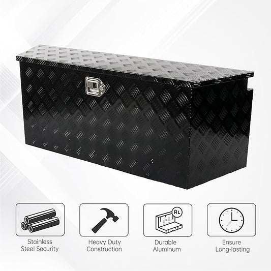 49 Inch Aluminum trailer tongue box heavy duty 5 Bar Tread Trailer tool box Storage Organizer with Flipped steps, Black (49'' x 15'' x 18.5'')