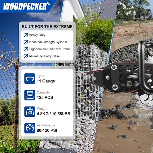 Woodpecker PFC50 11 Gauge 1-3/4'' (45mm) Crown Heavy Duty Pneuamtic Hog Ring Gun with 12mm to 13mm Closure Diameter, Large Snap Ring Pliers Tool for Gabion Cage and Border Fencing