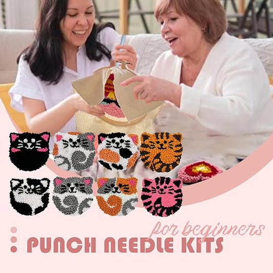 Punch Needle Kit for Beginners Adults Easy Needle Punch Embroidery Tool Set Including Threader Instruction Fabric Hoop Yarn Coaster DIY Making Kit Supplies,Set of 8 Cat Cute Pet Art Crafts Gifts