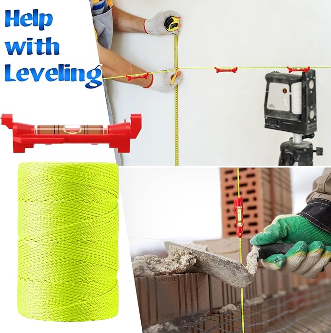 2 Pack #18 500 ft Mason Line String & 10 Pack Built-in Levels, String Level Line Kit for DIY, Gardening Work, Construction Twine Outdoor Projects Layout Brick Working(Fluorescent Yellow)