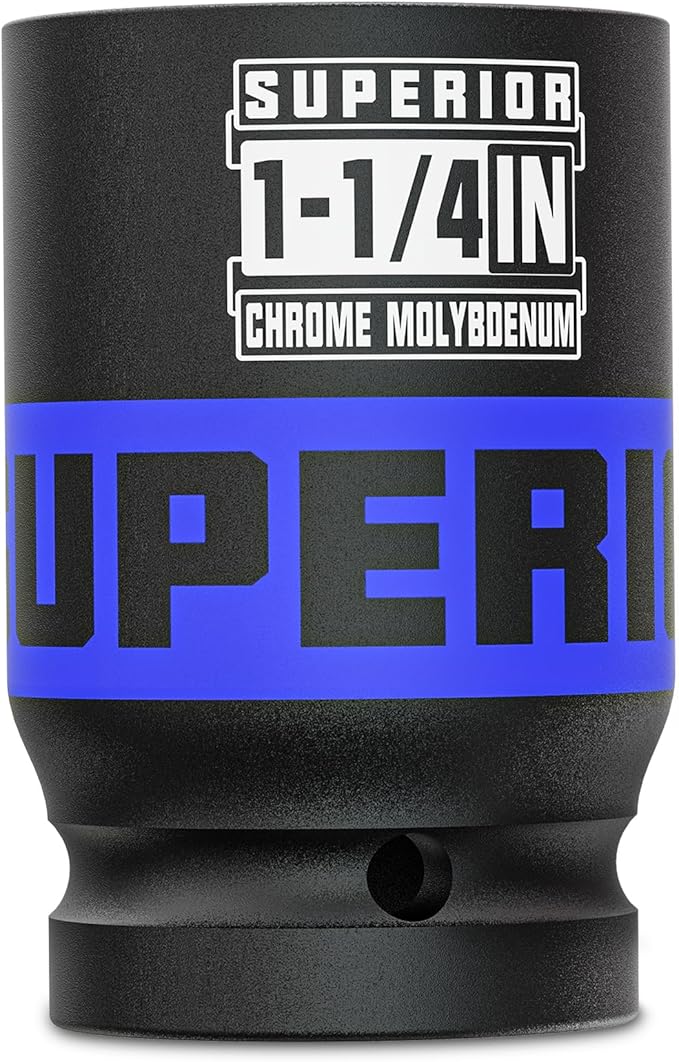 1" Drive Impact Socket, 1-1/4 Inch Deep Socket, SAE Axle Nut Socket, 6 Point, CR-MO, Automotive, Truck Maintenance, Heavy Equipment Repair