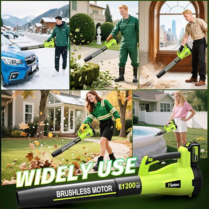 Tietoc Leaf Blower Cordless with 2횞5.0Ah Battery and Fast Charger,1200W Handheld Blower for Lawn Care,6 Speed Powerful Electric Leaf Blower for Snow Removal,Patio,Dust,Car Blowing Water
