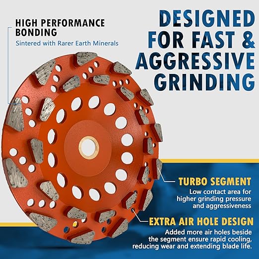 7" High Performance Diamond Grinding Wheels for Aggressive Concrete, Paint, Epoxy, Mastic & Coating Removal, #20 Grit, 24 Segments, 7/8"-5/8" Non-Threaded Arbor