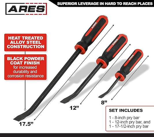 ARES 46008-3-Piece Pry Bar Set - 8-Inch, 12-Inch, and 17.5-Inch Pry Bars - Angled Tip for Lifting and Prying - Comfortable Non-Slip Double Injection Handle - Heavy Duty Striking End Cap
