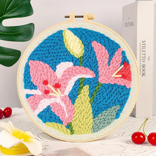 Woohome Punch Needle Kit Included Plastic Hoops, Punch Needle Cloth, Color Yarn and Punch Needle Tools for Adults, Beginners (Chrysanthemum, Lotus, Lily)