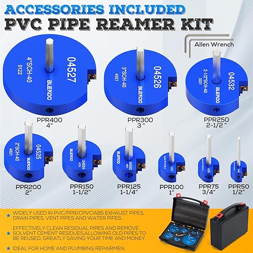 9PCS PVC Pipe Reamer Kit - SCH40 Aluminum Deburring Tool Kit (1/2" to 4") | Dual-Blade Technology | Deburring Tool for PVC & ABS Pipes | Fits Standard 1/2" Drills