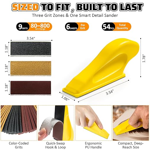54PCS Premium Micro Sander, Detail & Mini Sander Block ??Precision Small Hand Sanding Tool, 80??00 Grit Sandpaper Kit, 3-in-1 Set for Wood, Crafts, Furniture, Tight Spaces & DIY Projects