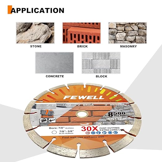 FEWELL 7 Inch Diamond Blade,Concrete Segmented Saw Blade for Angle Grinder Dry/Wet Cutting Concrete Masonry Brick Block Stone with 7/8"-5/8??Adapter