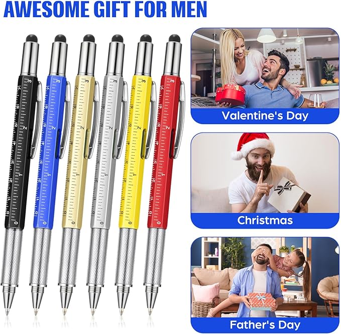 Honoson 120 Pcs Tool Pen for Men Gift 6-in-1 Multitool Tech Tool Pen with Ruler, Level Gauge, Ballpoint, Stylus, Screwdriver and Slotted Screwdriver Multifunction Gift for Dad Father Day (Fresh Color)