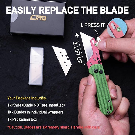 CJRB Boxer Folding Utility Knife, Button Lock EDC Pocket Knife with G10 Handle, Includes 10PCS Total Blades(J1967 Watermelon Green)