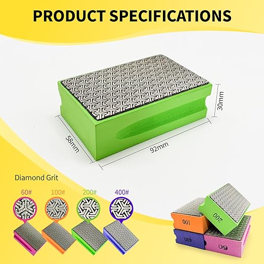 Diamond Hand Polishing Pads, 4PCS Diamond Sanding Pads with Foam Backing 60/100/200/400 Grit,Sanding Block for Glass Wood Ceramic Marble Metal Tile Tools(Wet&Dry