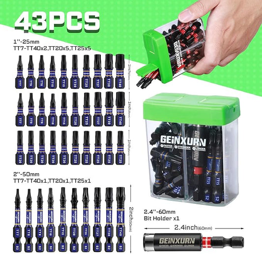 Impact Security Torx Screwdriver Bits Set,43 Pcs(TT7-TT40) Magnetic 1"& 2" Long S2 Steel Hollow Torx Driver Bits with Magnetic Bit Holder Storage Colorful Box
