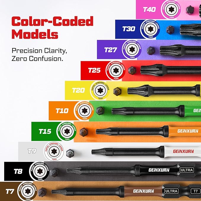 3?쒲mpact Torx Screwdriver Bits Set,13Pcs Magnetic S2 Steel Long Extension Star Driver Bits Set (T7-T40) with Color Coded Base