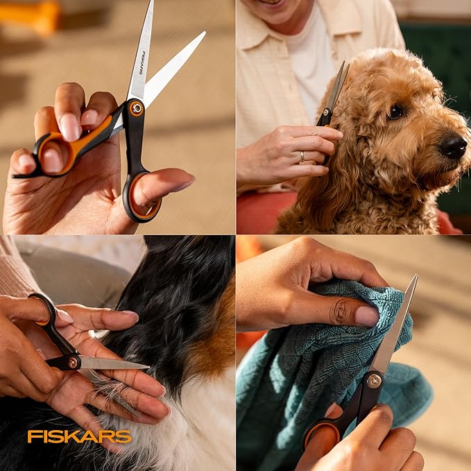 Fiskars Pet Scissors, Dog & Cat Grooming Scissors, Precision Stainless Steel Blades & SoftGrip??Handle, Cat and Dog Supplies, 6.75?? Orange/Black, Trimming Scissors