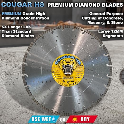 Cougar HS 16 Inch Diamond Concrete Saw Blade, Premium General Purpose Segmented Blade, Dry/Wet Cutting Concrete, Masonry, Brick, & Block 1"-20mm Arbor