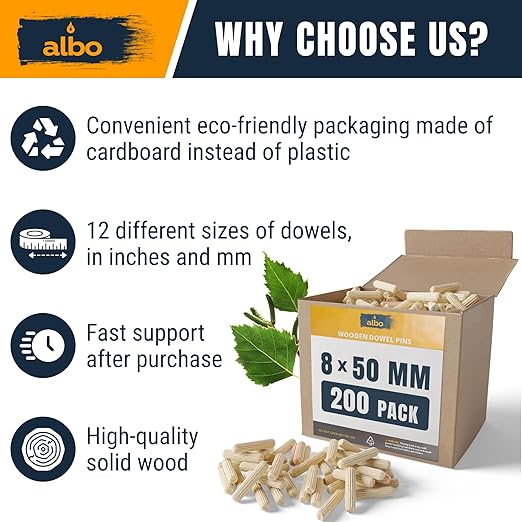 ALBO Wooden Dowel Pins 8mm x 50mm Fluted Wood Dowels Rods 200 Pack Hardwood Crafts Dowel Pegs