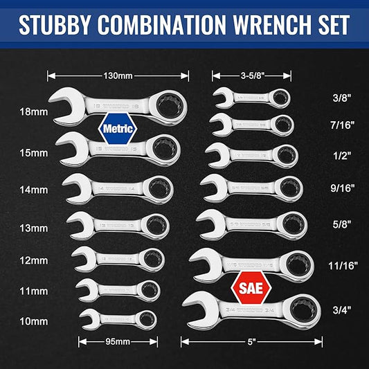 WORKPRO 14-Piece Ratcheting Combination Stubby Wrench Set, 72 Teeth, Combo Ratchet Wrenches Set with Organizer Box, SAE 3/8-3/4" & Metric 10-18mm
