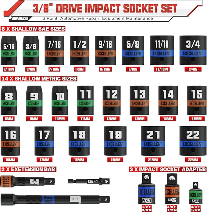 50 Piece 3/8" Drive Impact Socket Set, SAE (5/16?쇺?3/4?쇺? and Metric (8-22mm) Socket Kit, Extension bar & Adapter, 6 Point, Automotive Repair, Equipment Maintenance