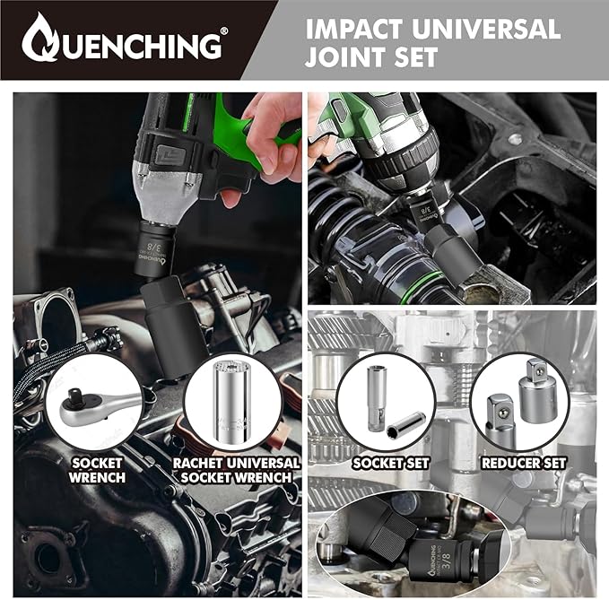 Impact Wobble Extension Set, Grade Extension Set, Universal Swivel Set, Socket Extensions with Holder, 1/4, 3/8, 1/2 Drive, made in Cr-V (3Pcs, Impact Universal Joint-Socket)