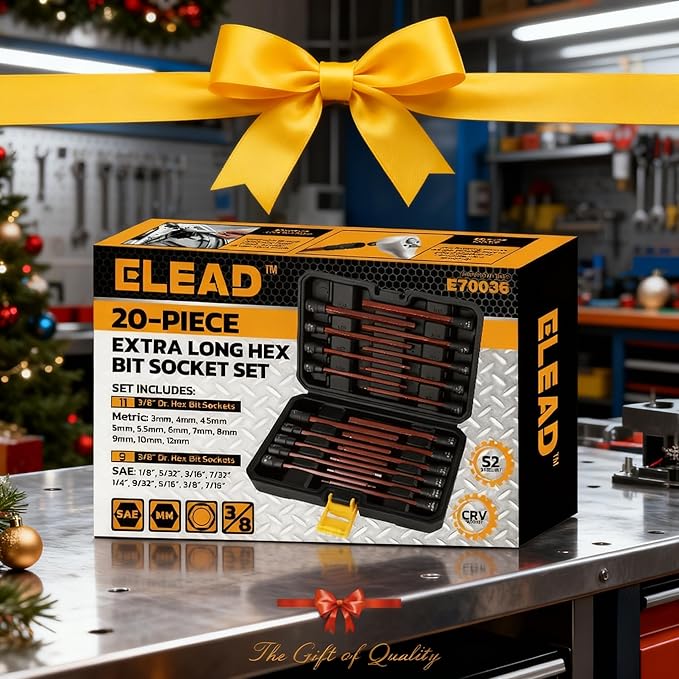 ELEAD Extra-Long Allen Hex Bit Socket Set: 20-Piece 3/8 Inch Drive, S2 Steel, Standard SAE & Metric (1/8-Inch - 7/16-Inch, 3-12mm) for Impact Drills and Ratchet Wrenches