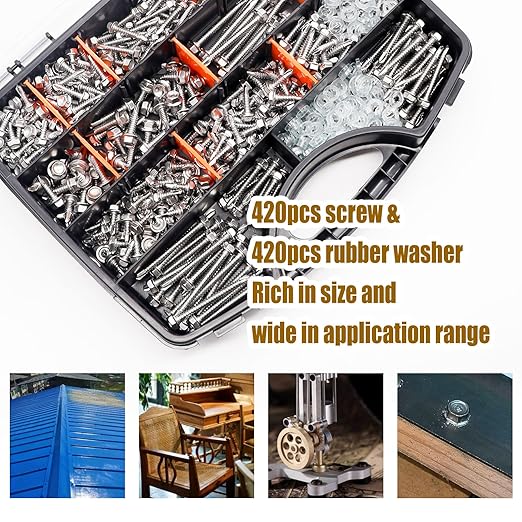 weideer 840pcs #8#10#12#14 Self Tapping Screws for Metal,410 Stainless Steel Screws Assortment Kit, Hex Washer Head Quick Tapping Self Drilling Screw with Rubber Washer (420 Sets) K-189