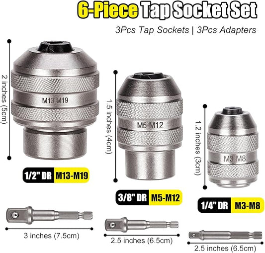 Topec Tap Sockets, 6-Piece Tap Socket Set, Extraction Tool, CR-MO Steel, Adjustable Handle with Metric M3-M19 Sockets & 1/4"-3/8"-1/2 Imperial Adapters