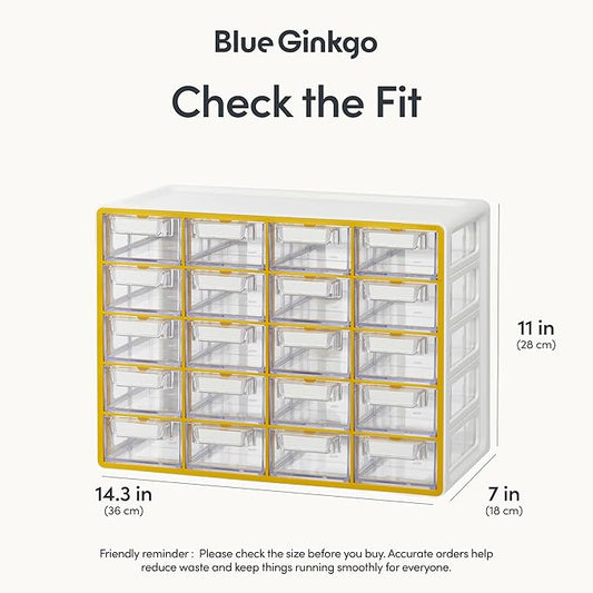 Blue Ginkgo Small 20-Drawer Cabinet ??Stackable Clear Organizer for Hardware, Beads, Plastic Bricks, Office, and Craft Storage (Made in Korea, Yellow)