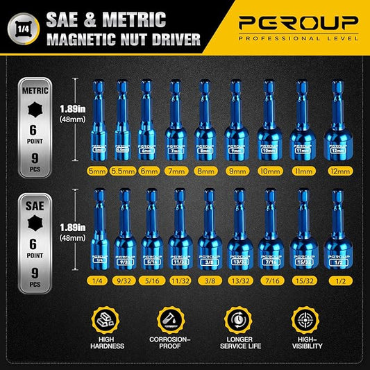 18 PCS Impact Magnetic Nut Driver Set, Metric & SAE Impact Driver Bit Set, 1/4 Inch Hex Shank Drill Socket Set, Nut Driver Set For Impact Drill
