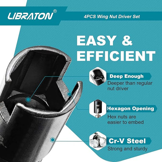 Libraton Wing Nut Driver 4PCS, Wing Nut Driver Bit, 1/4??Hex Shank Wing Nut Driver Set 9mm 12mm 15mm 18mm, Nut Driver Set with EVA Storage for Hook Bolt Installation, Wire Twisting