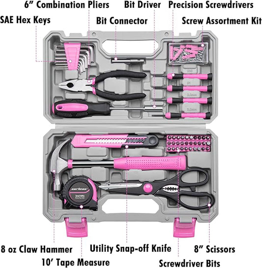 CARTMAN 126-Piece Home Tool Set Kit, Basic Household Hand Tools with Storage Case Pink