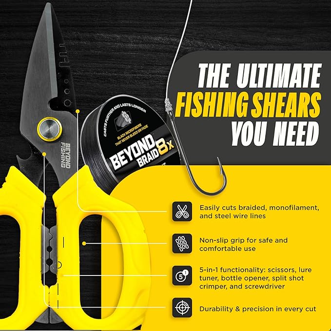 Beyond Fishing OmniPro Shears ??6.5??Multi-Function Fishing Scissors with Titanium-Coated Blades ??Cuts Braided Line, Monofilament, Fluorocarbon & Steel Wire ??Fishing Tool with Sheath