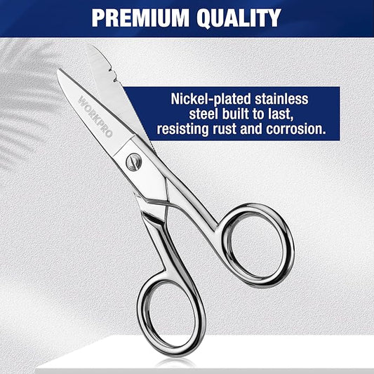 WORKPRO Electrician Scissors, 5-1/5 Inch Heavy Duty Scissors, Nickel-Plated Stainless Steel Snips with 19&23 Stripping Notches for Telecom and Electrical Work