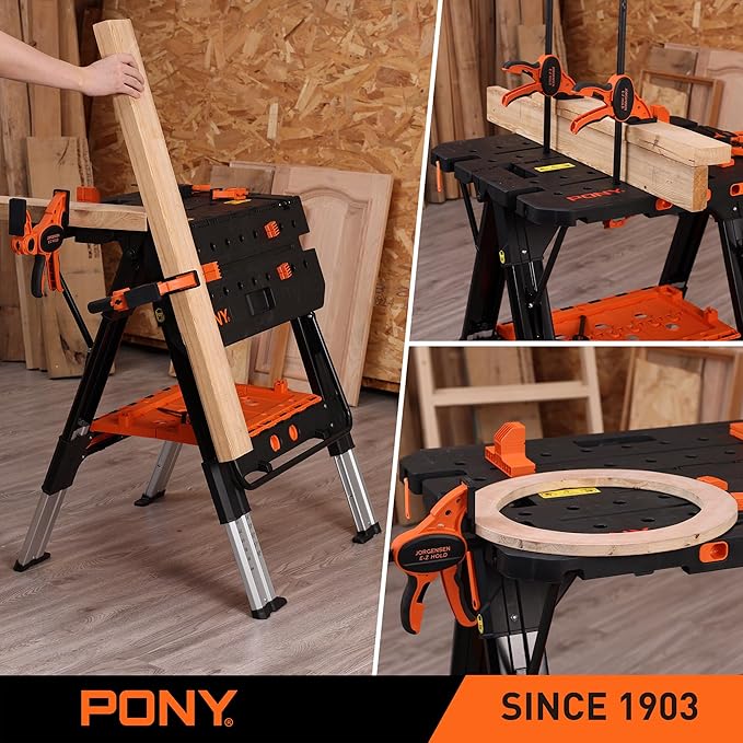 Pony Portable Folding Work Table, 2-in-1 as Sawhorse & Workbench, 31??W횞25??D횞25??35?쒱, Large Load Capacity with 4pcs Clamps, 4pcs Bench Dogs