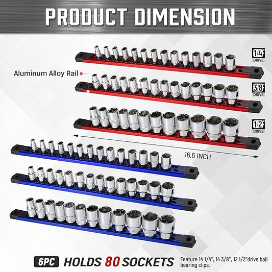 ALOANES 6-Piece Magnetic Socket Organizer, Heavy Duty Aluminum Socket Rails Organizer, 360째 Swivel Clips Socket Holder Kit for Tool Box, 1/2, 3/8, 1/4-Inch Socket Holder x 80 Clips (Red&Blue)
