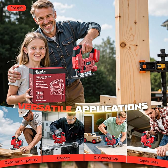 Ecarke Cordless Jig Saw Compatible With Milwaukee 18V Battery (Only Tool), 4 Orbital Sets, 6 Variable Speeds Control, Dust-Blowing, ±45° Bevel Cuts, LED Light and 6PCS Blades For Cutting
