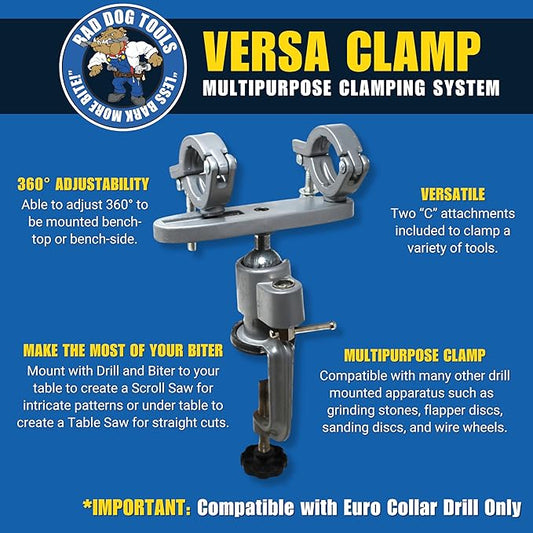 Bad Dog Tools Versa Clamp Biter Accessory: Multipurpose Clamping System. Attaches to Hand Drill (Euro Collar ONLY) to Turn the Biter into a Scroll Saw or Table Saw. 360 Degree Adjustability.
