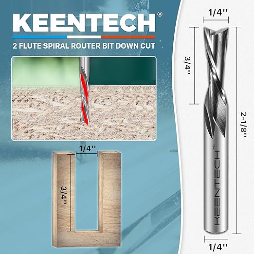 KEENTECH 1/4" Shank Downcut 2 Flute Flat Tip Sprial Router Bit for CNC Router Machine, 1/4" Cutting Diameter, 3/4" Cutting Depth, for Wood Cutting, Custom Furniture, Slot Mortise, Engraving, Carving