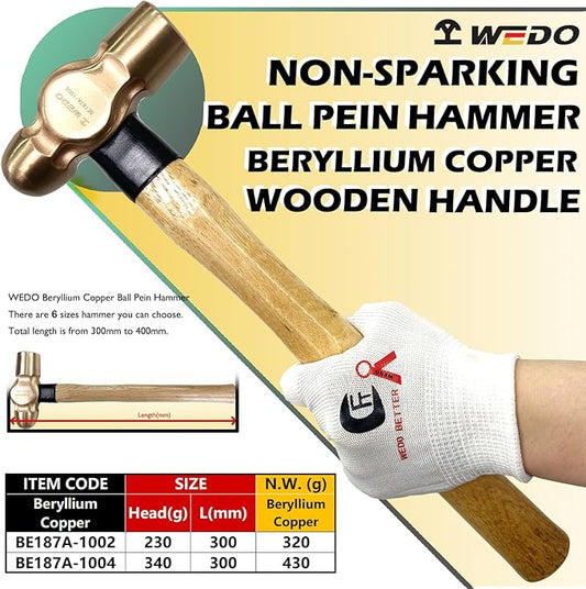 WEDO 2PCS Ball Pein Hammer,1/2lb+3/4lb Non-Sparking Ball Peen Hammer with Wooden Handle, Beryllium Copper,Non-Magnetic,Die-forged,Corrosion Resistant,BAM & FM Certificate,DIN Standard