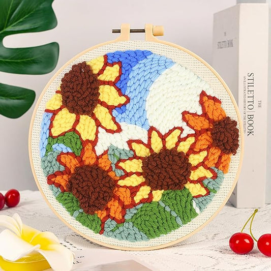 Woohome Punch Needle Kit Included Plastic Hoops, Punch Needle Cloth, Color Yarn and Punch Needle Tools for Adults, Beginners (Sunflowers, Butterflies and Flowers)