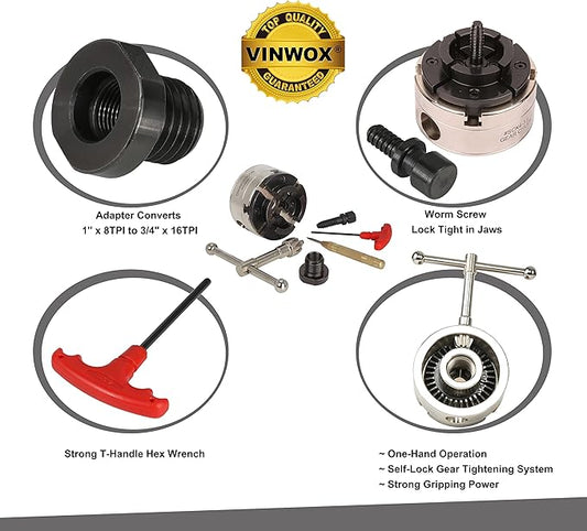 3-3/4INCH 4-Jaw Self-Centering Wood Lathe Chuck, 2" Round Jaw Mounted, 1"x8TPI thread & 3/4"x16TPI Adapter, Tightening Key, T Allen Wrench, Screw Chuck, SCK4-3.75, Nickle electric Coating Body