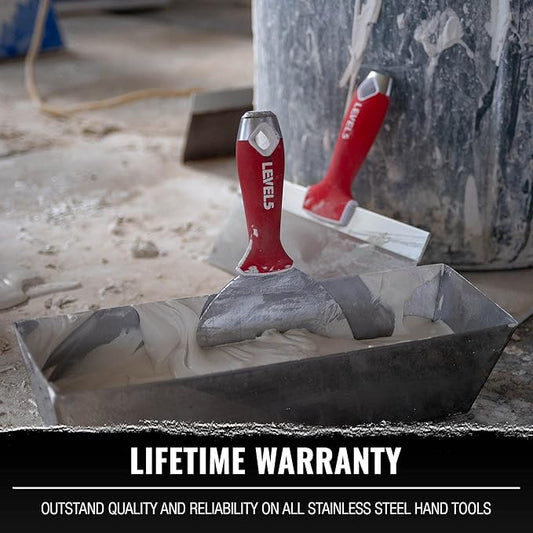 LEVEL5 Deluxe Drywall Hand Tool Set | Taping Knives, Joint Knives, Bucket Scoop, Mud Pan, Mixer, Jab Saw | Stainless Steel Blades, Soft Grip Handles | Sheetrock Gyprock Plasterboard | 5-609