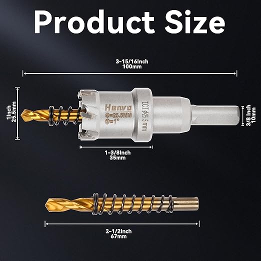 Hole Saw 1" (25.5mm) Heavy Duty Carbide with 2 Pilot Drill Bits - Metal Hole Cutter Cuts Stainless Steel, Iron, Copper, Brass, Plastic